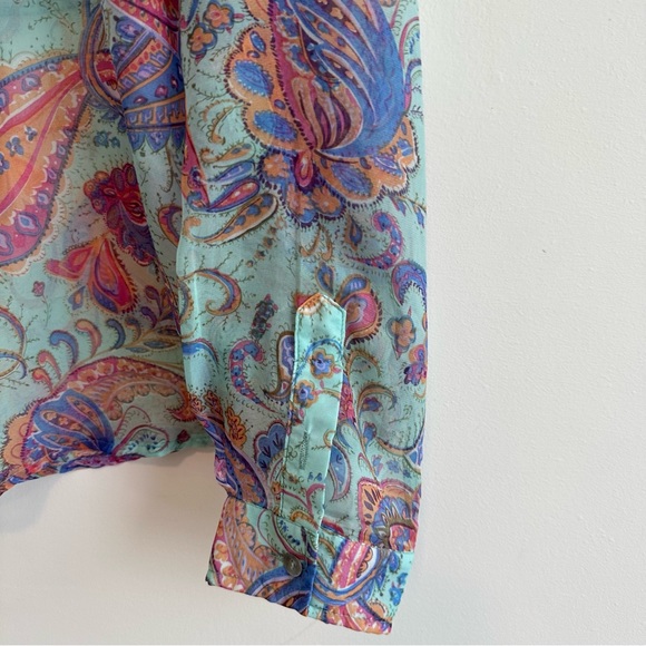 Umgee | Blue Teal Paisley Button Down Chiffon Top Size Medium - Picture 3 of 7